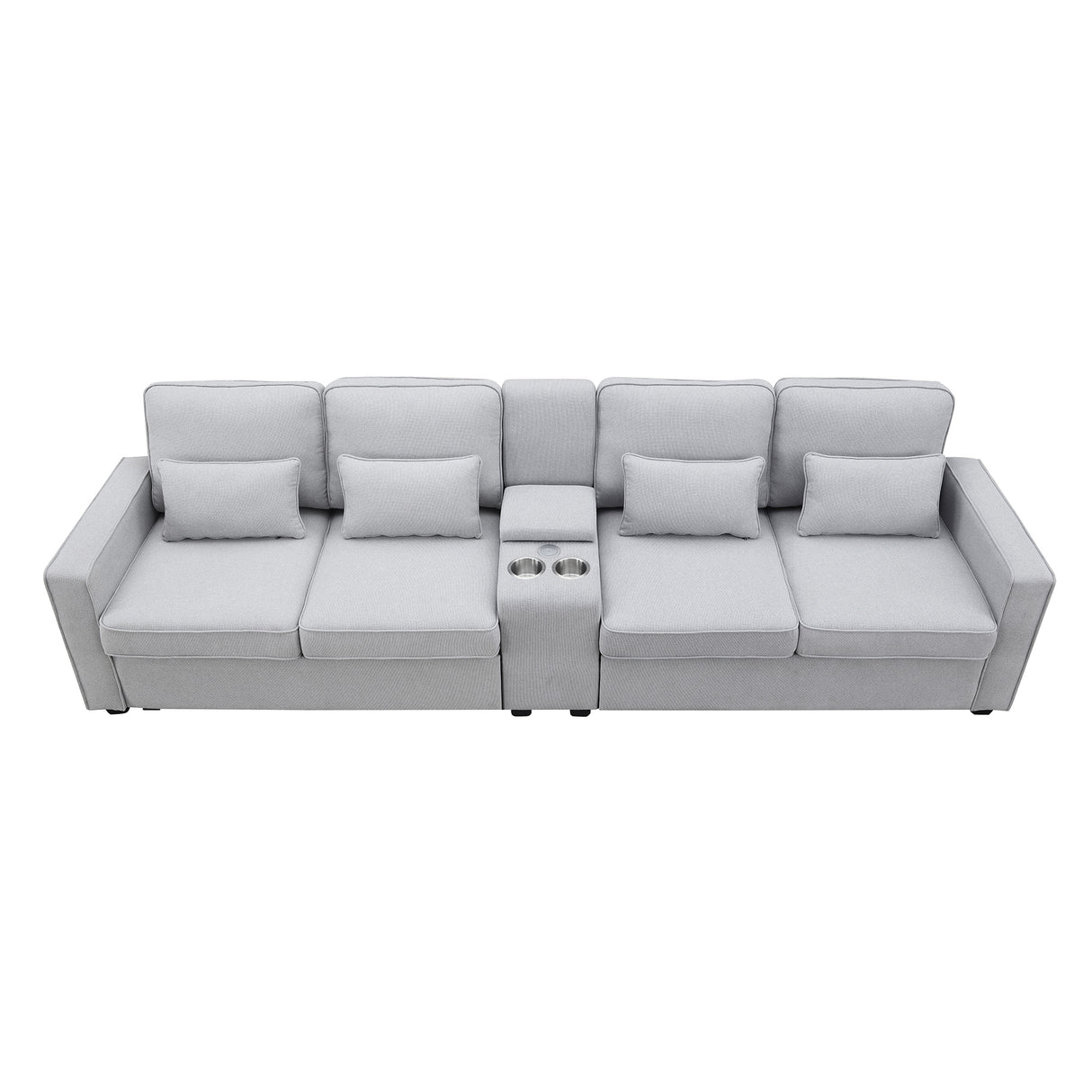 [VIDEO provided] [New] 114.2" Upholstered Sofa with Console, 2 Cupholders and 2 USB Ports Wired or Wirelessly Charged, Modern Linen Fabric Couches with 4 Pillows for Living Room, Apartment (4-Seat) Home Elegance USA