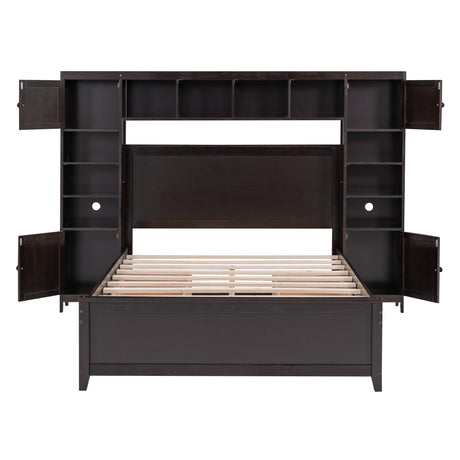 Full Size Wooden Bed With All-in-One Cabinet and Shelf, Espresso - Home Elegance USA