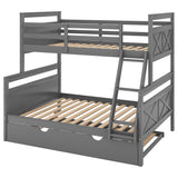 Twin over Full Bunk Bed with Ladder, Twin Size Trundle, Safety Guardrail, Gray - Home Elegance USA