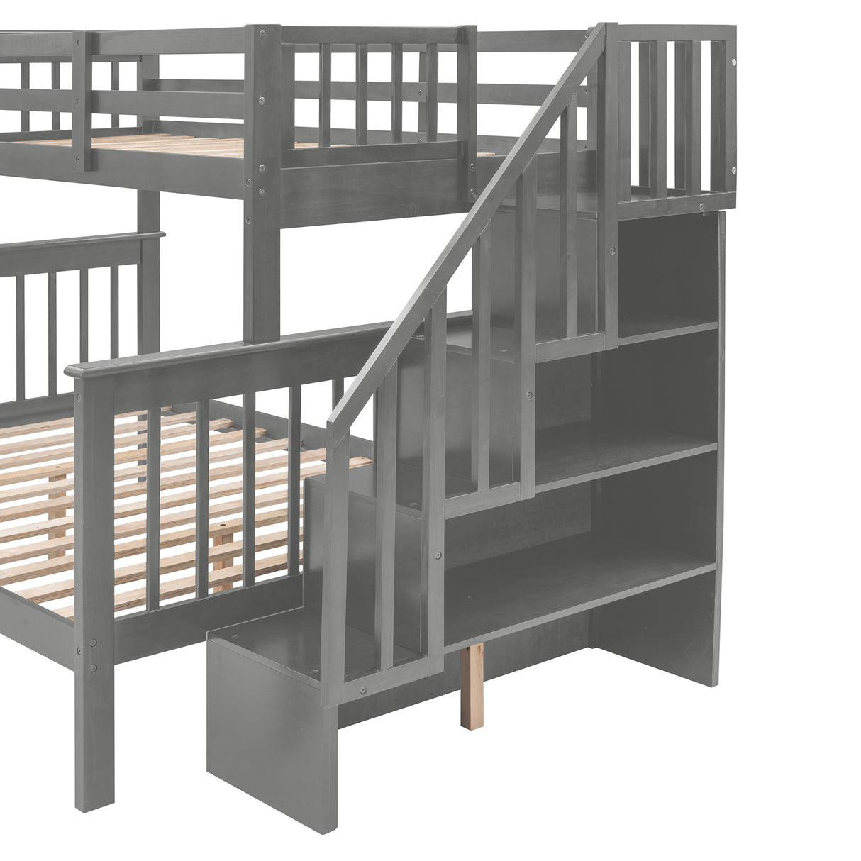 Stairway Twin-Over-Full Bunk Bed with Drawer, Storage and Guard Rail for Bedroom, Dorm, for Adults, Gray color(Old SKU: LP000219AAE) - Home Elegance USA