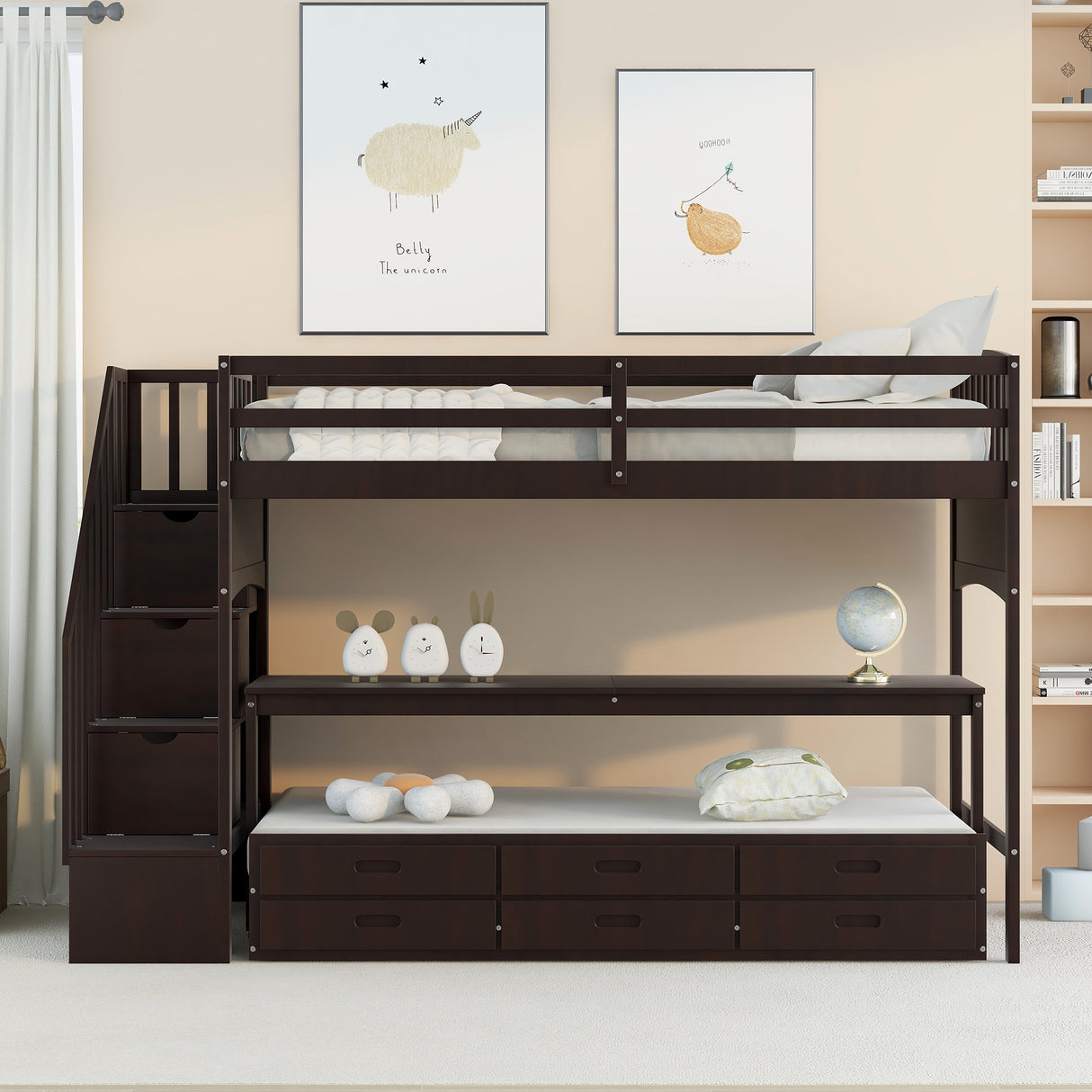 Stairway Twin XL Loft Bed with Twin Size Trundle and 3 Drawers, Storage, Desk, Espresso - Home Elegance USA