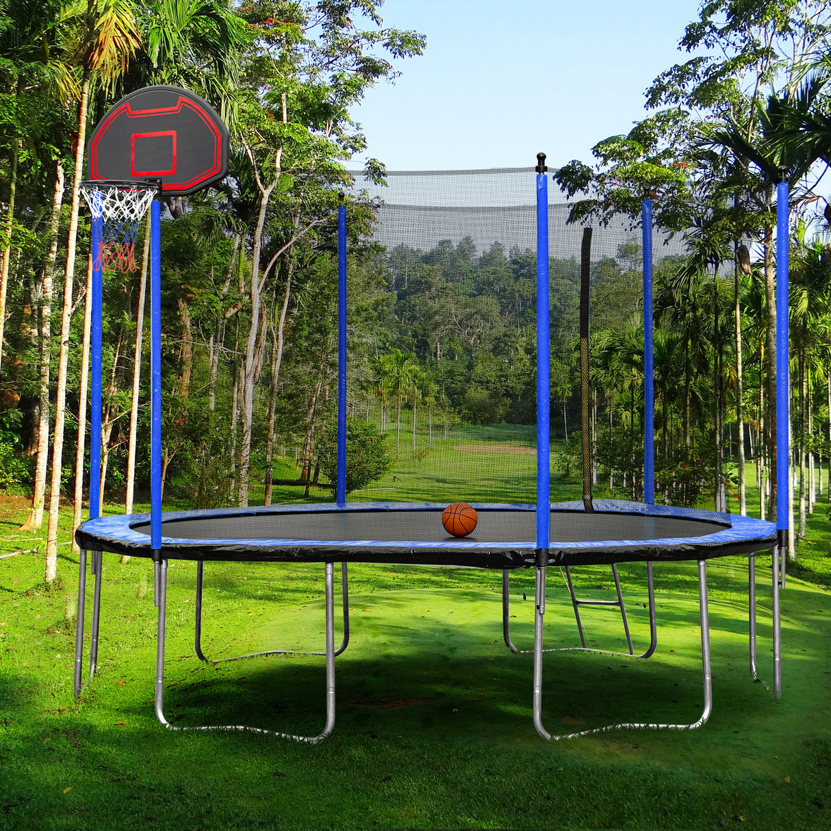 15FT Trampoline with Basketball Hoop Inflator and Ladder(Inner Safety Enclosure) Blue - W550S00009 - image - 10