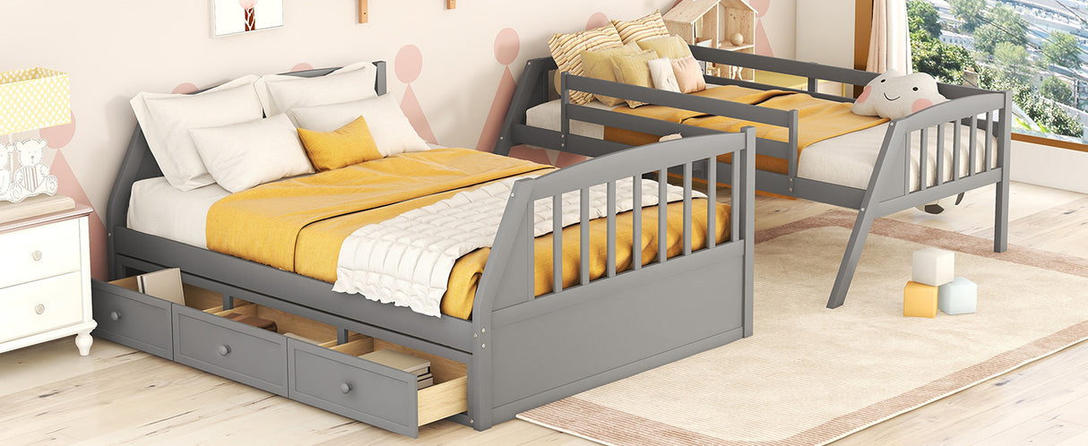 Twin-Over-Full Bunk Bed with Drawers，Ladder and Storage Staircase, Gray - Home Elegance USA