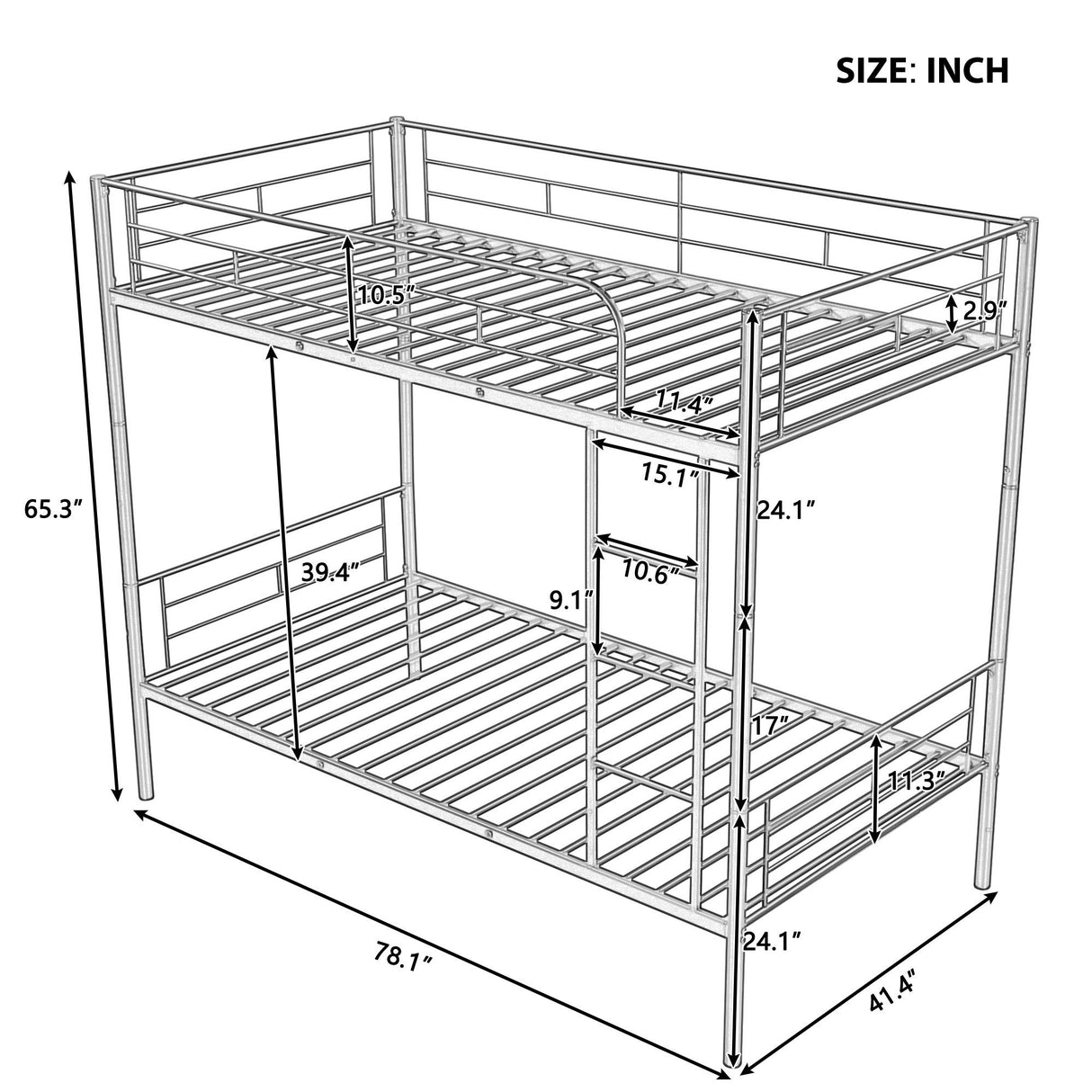 Twin Over Twin Metal Bunk Bed (White)( old sku: MF189201KAA ) - Home Elegance USA