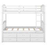 Twin over Twin Wood Bunk Bed with Trundle and Drawers,White - Home Elegance USA