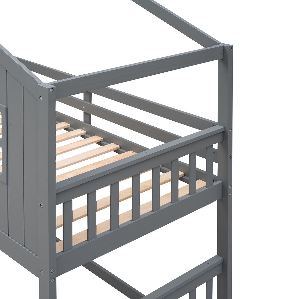 Twin Over Twin House Bunk Bed With Ladder, Wood Bed-Gray - Home Elegance USA