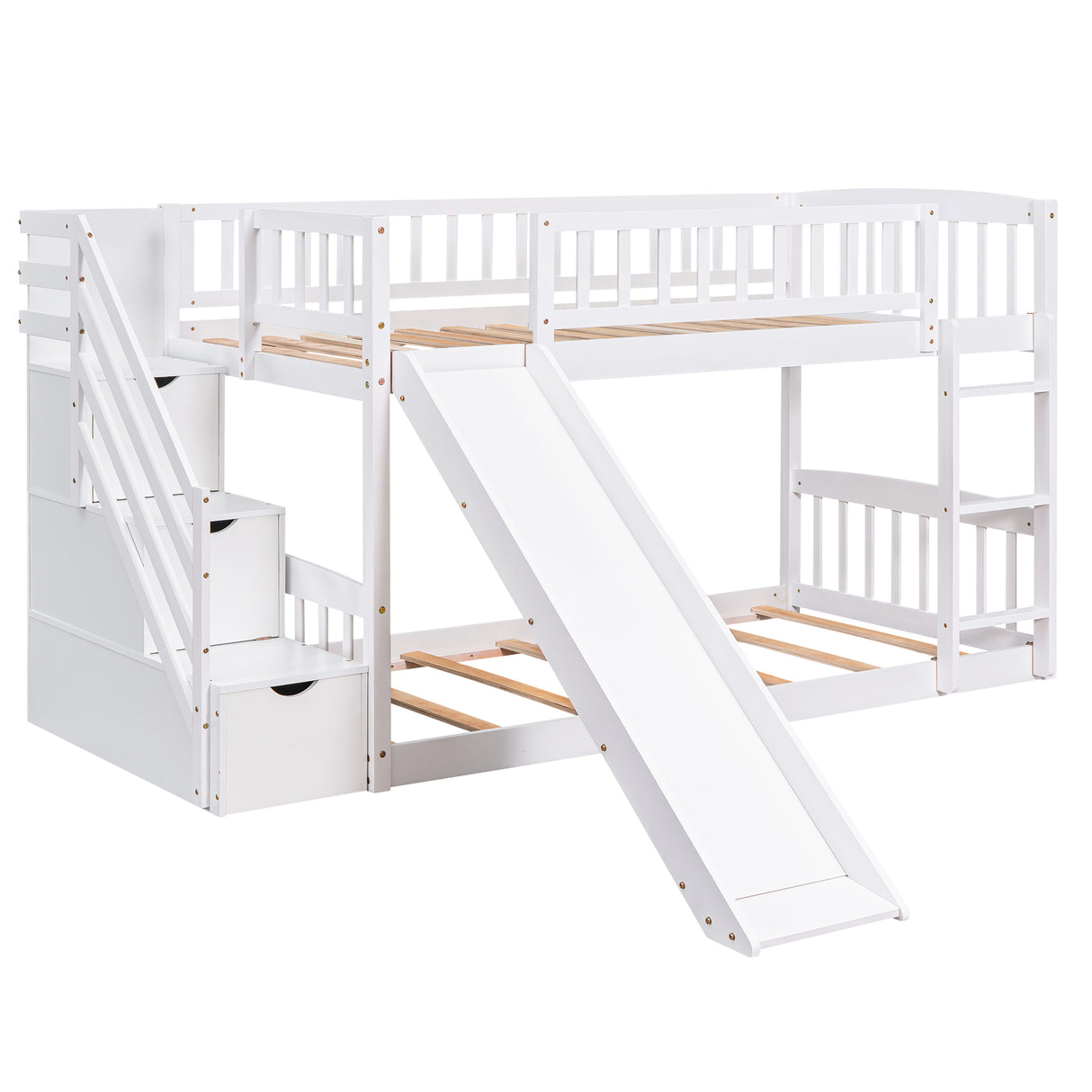 Stairway Twin over Twin Bunk Bed with Two Drawers and Slide, White(OLD SKU :LT000155AAK) - Home Elegance USA