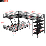 L-Shaped Metal Twin over Full Bunk Bed and Twin Size Loft Bed with Four Built-in Shelves,Black - Home Elegance USA