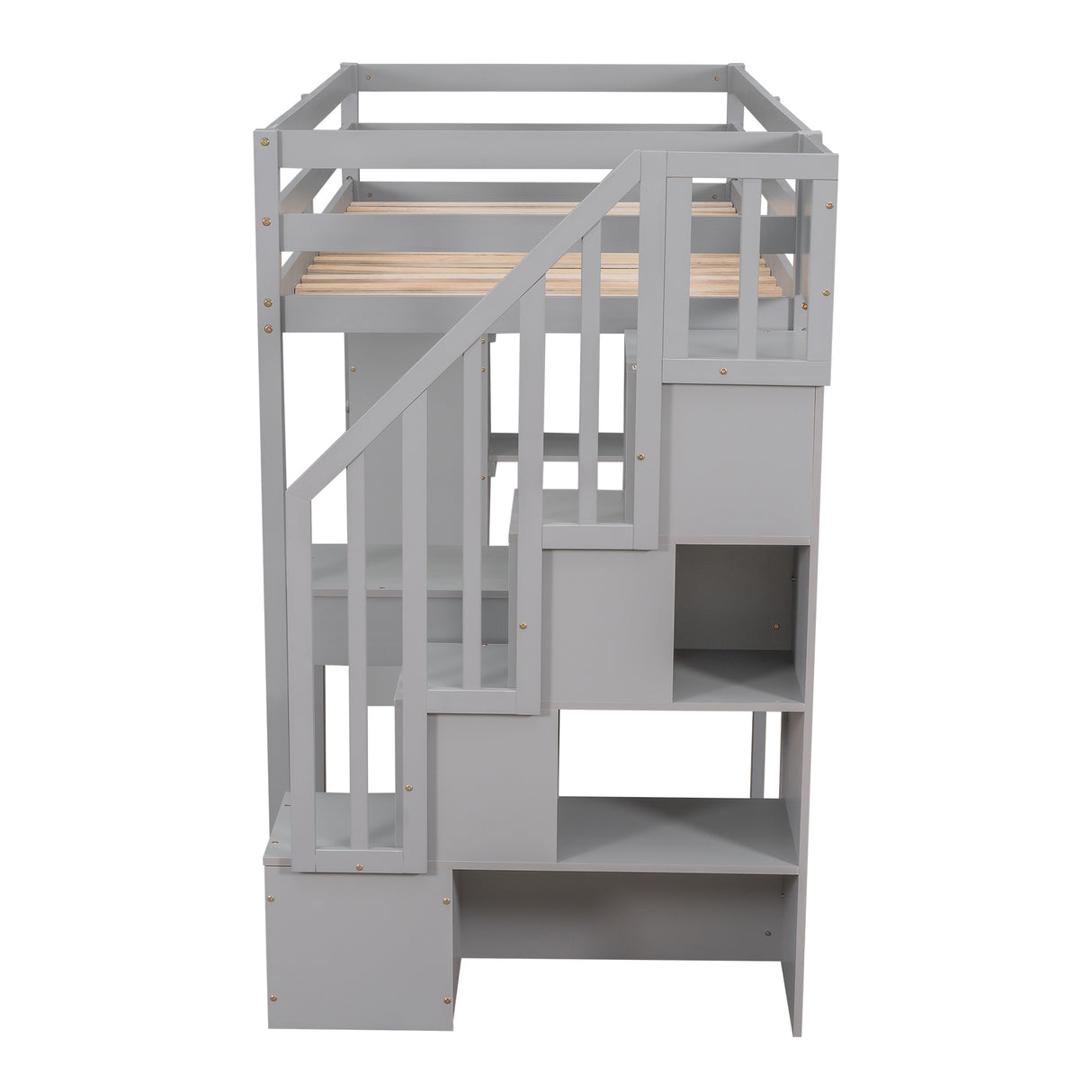 Twin size Loft Bed with Storage Drawers ,Desk and Stairs, Wooden Loft Bed with Shelves - Gray - Home Elegance USA