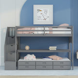 Stairway Twin XL Loft Bed with Twin Size Trundle and 3 Drawers, Storage, Desk, Gray - Home Elegance USA