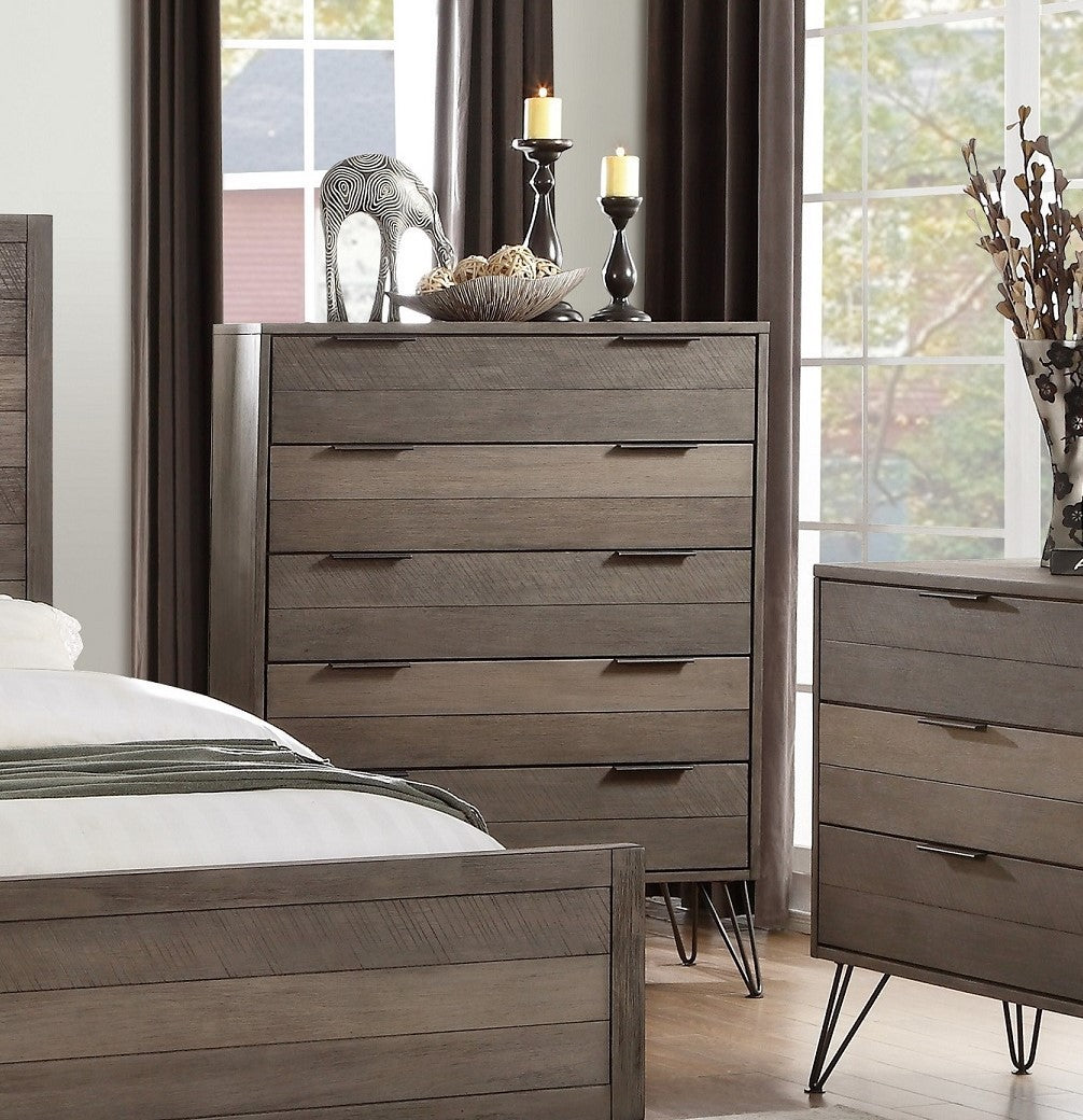 Contemporary Three-Tone Gray Finish Chest of Drawers Perched atop Metal Legs Acacia Veneer Modern Bedroom Furniture - Home Elegance USA