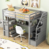 Twin Size Loft Bed with Desk and Shelves, Two Built-in Drawers, Storage Staircase, Gray