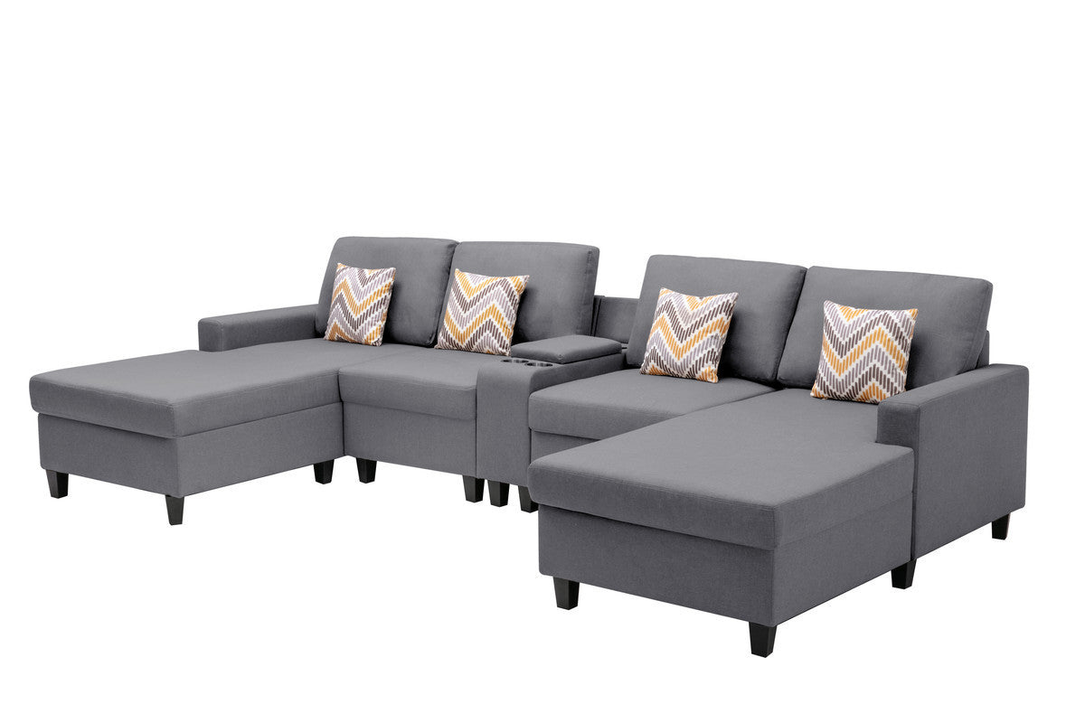 Nolan Gray Linen Fabric 5Pc Double Chaise Sectional Sofa with Interchangeable Legs, a USB, Charging Ports, Cupholders, Storage Console Table and Pillows - Home Elegance USA