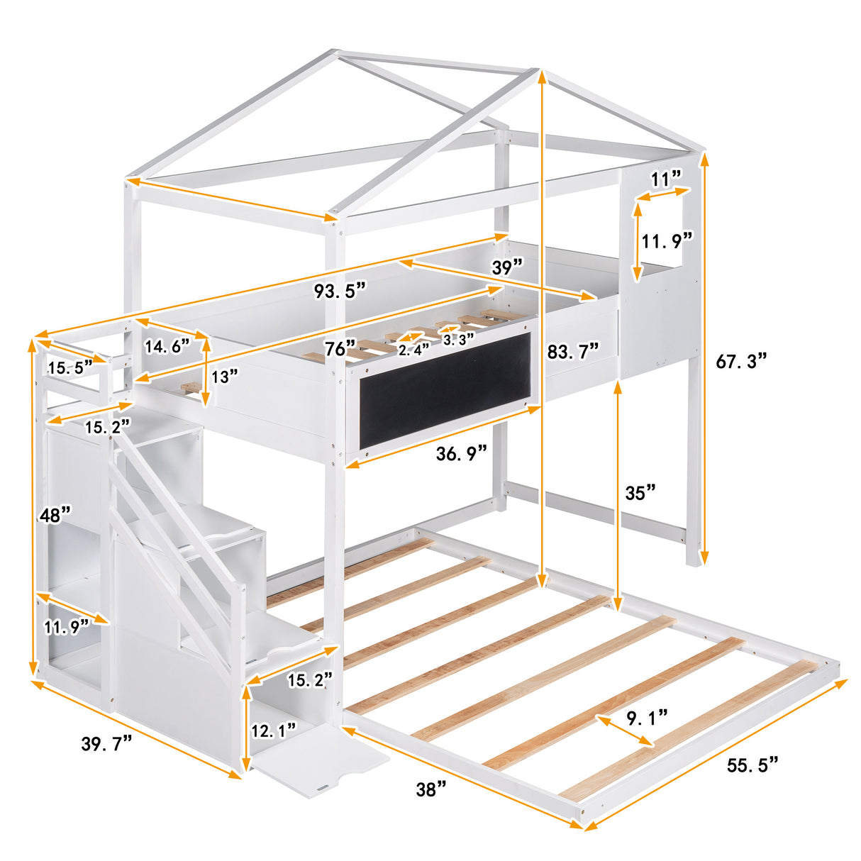 Twin over Full House Bunk Bed with Storage Staircase and Blackboard,White - Home Elegance USA