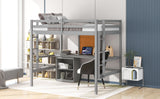 Full size Loft Bed with Desk and Writing Board, Wooden Loft Bed with Desk & 2 Drawers Cabinet- Gray - Home Elegance USA