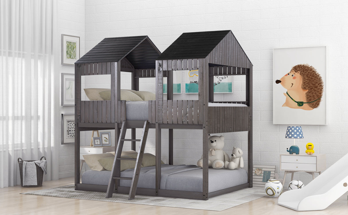 Full Over Full WoodBunk Bed with Roof, Window, Guardrail, Ladder  ( Antique Gray )( old sku: LP000031AAE ) - Home Elegance USA