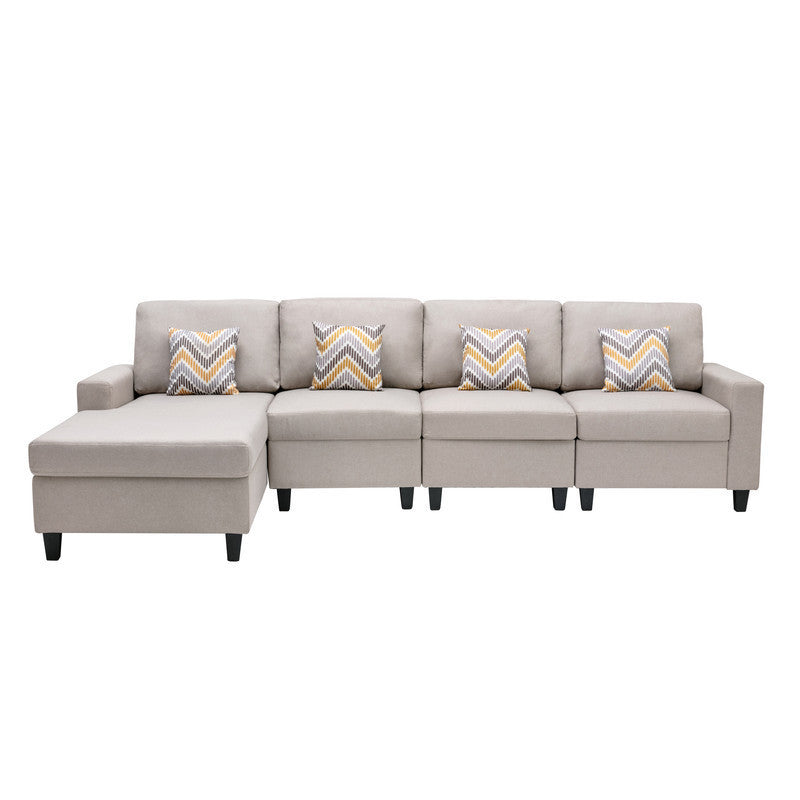 Nolan Beige Linen Fabric 4Pc Reversible Sectional Sofa Chaise with Pillows and Interchangeable Legs - Home Elegance USA