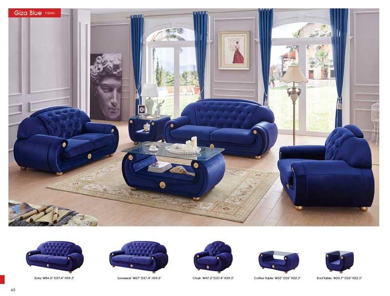 Esf Furniture - Giza Fabric 3 Piece Living Room Set In Dark Blue - Gizablue-3Set