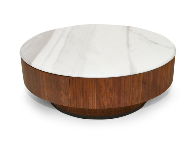 Vig Furniture Nova Domus Hilton- Modern Walnut and White Marble Round Coffee Table