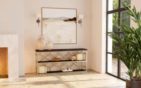 Giles Console Table Golden Madrone Burl & Champagne Metal – Hooker Furniture