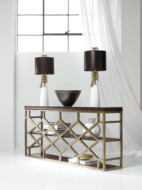 Giles Console Table Golden Madrone Burl & Champagne Metal – Hooker Furniture