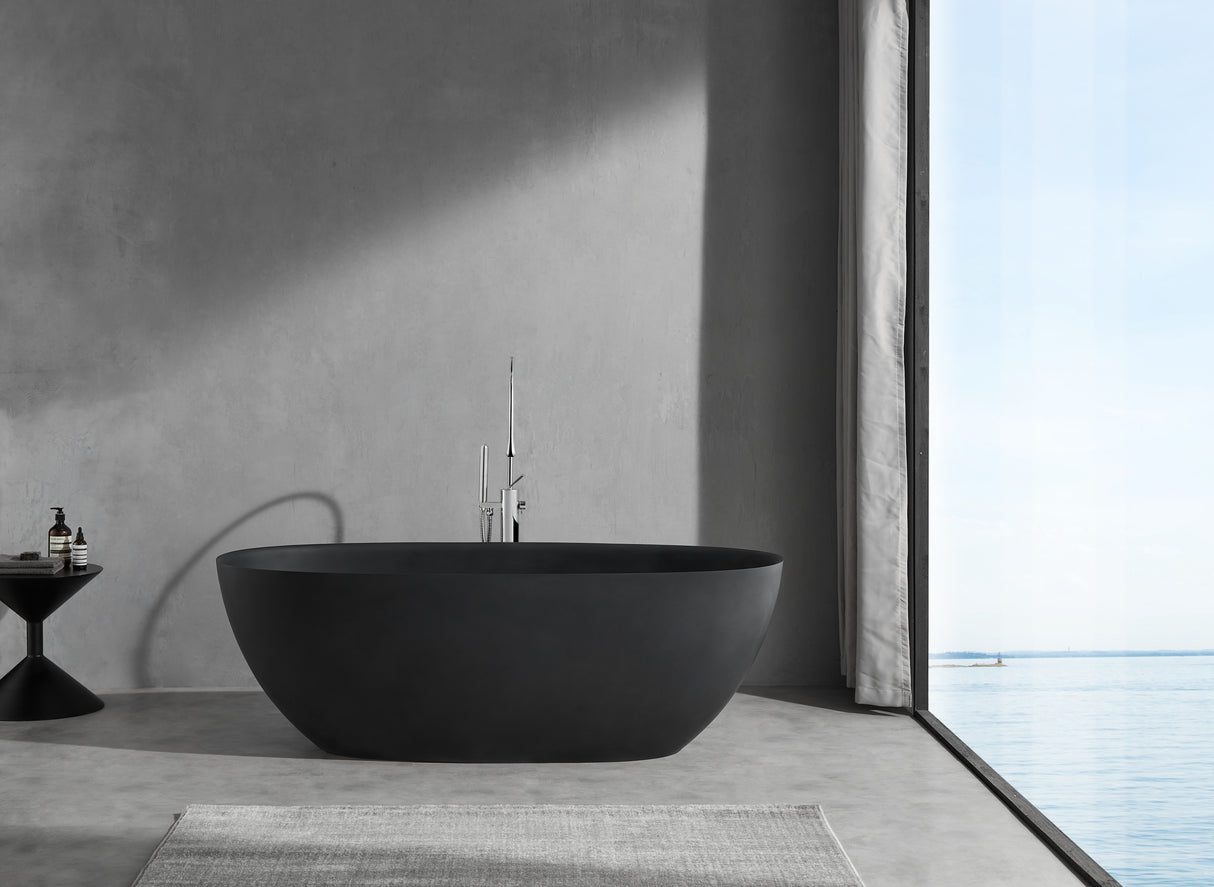 65'' Solid Surface Stone Resin Modern Oval Shaped Freestanding Soaking Bathtub with Overflow