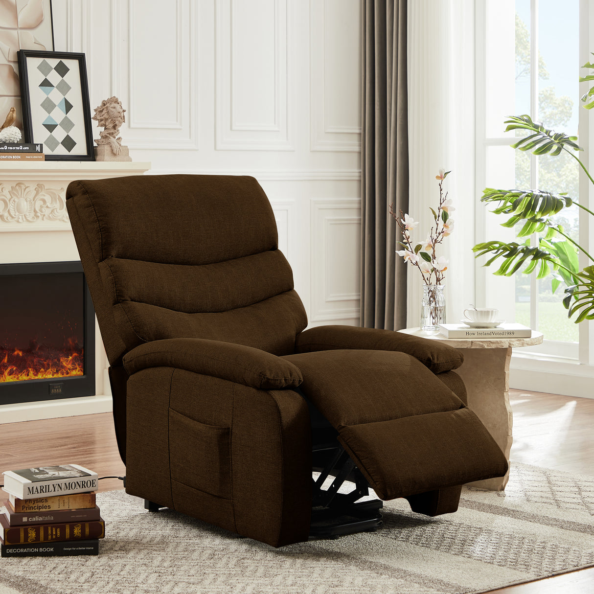 Power Lift Recliner Chair with Massage and Heating Functions for Elderly, 3 Positions, 2 Side Pockets, Fabric Home Elegance USA