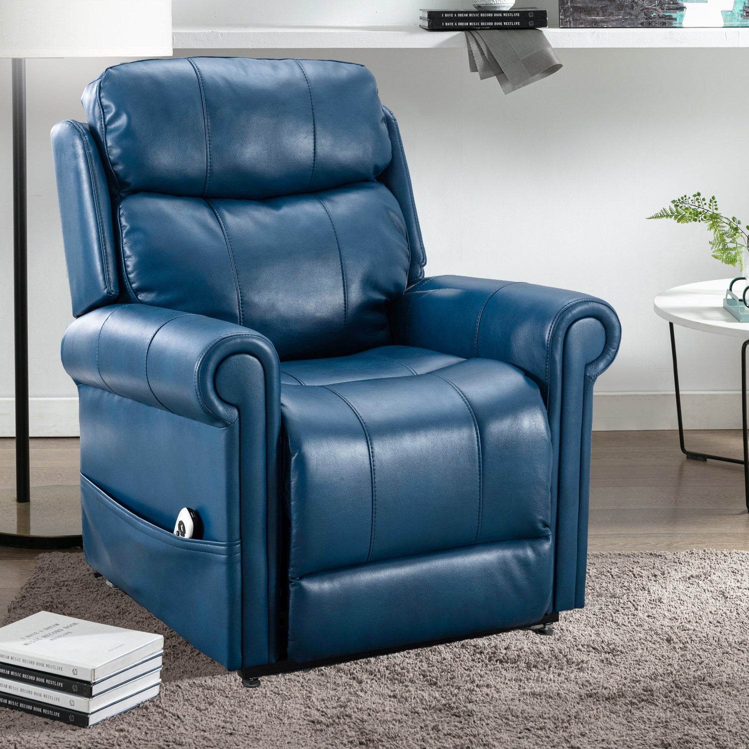 Lowell Navy Blue Leather Gel Lift Chair with Massage Home Elegance USA