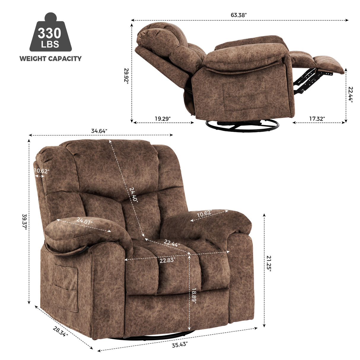 Swivel and Rocking Recliner Chair with Massage and Heating Bonded Leather Sofa Home Elegance USA