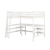 Full Size Loft Bed with Desk and Shelves Wooden Full Loft Bed, White - Home Elegance USA