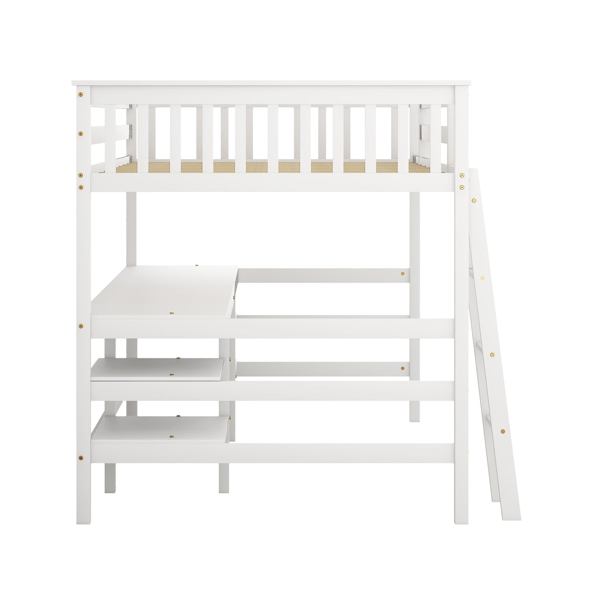 Full Size Loft Bed with Desk and Shelves Wooden Full Loft Bed, White - Home Elegance USA