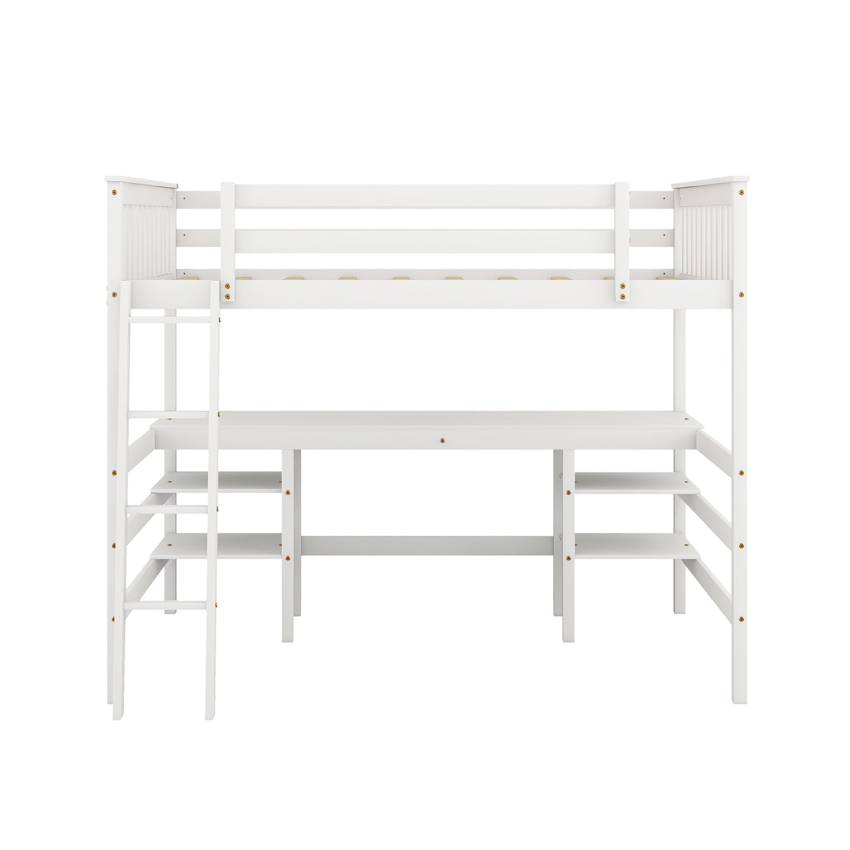 Full Size Loft Bed with Desk and Shelves Wooden Full Loft Bed, White - Home Elegance USA