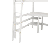 Full Size Loft Bed with Desk and Shelves Wooden Full Loft Bed, White - Home Elegance USA