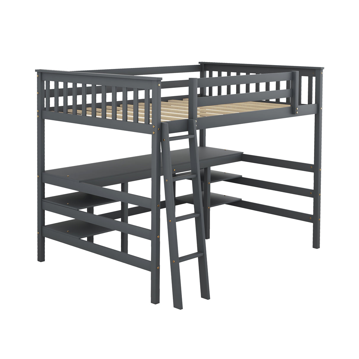 Full Size Loft Bed with Desk and Shelves Wooden Full Loft Bed, Grey - Home Elegance USA