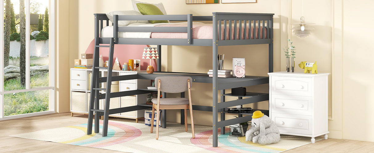 Full Size Loft Bed with Desk and Shelves Wooden Full Loft Bed, Grey - Home Elegance USA