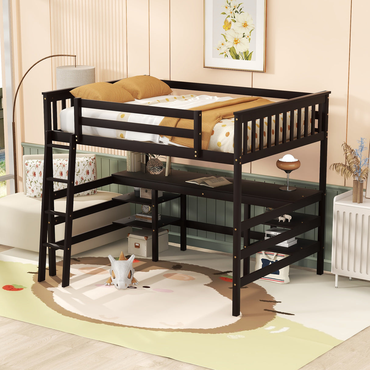 Full Size Loft Bed with Desk and Shelves Wooden Full Loft Bed, Espresso - Home Elegance USA