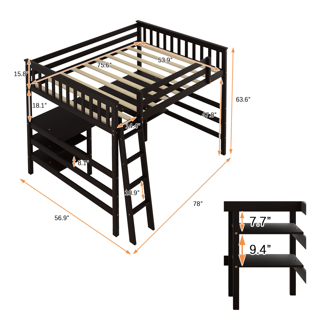 Full Size Loft Bed with Desk and Shelves Wooden Full Loft Bed, Espresso - Home Elegance USA