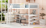 Full Size Loft Bed with Desk and Shelves Wooden Full Loft Bed, White - Home Elegance USA