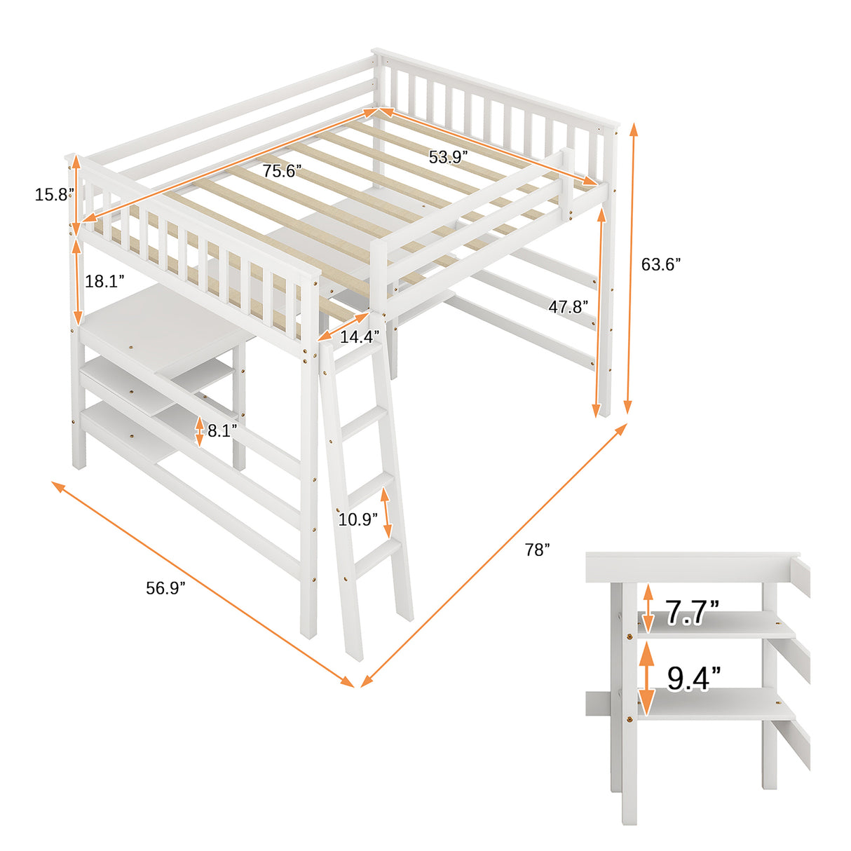 Full Size Loft Bed with Desk and Shelves Wooden Full Loft Bed, White - Home Elegance USA