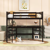 Full Size Loft Bed with Desk and Shelves Wooden Full Loft Bed, Espresso - Home Elegance USA