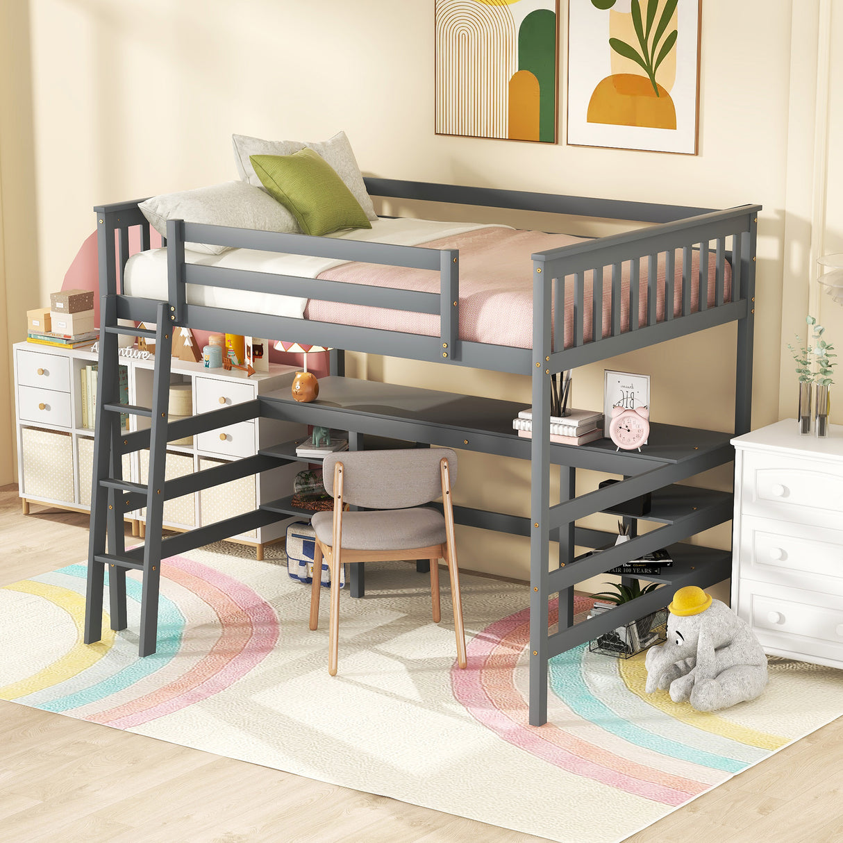 Full Size Loft Bed with Desk and Shelves Wooden Full Loft Bed, Grey - Home Elegance USA