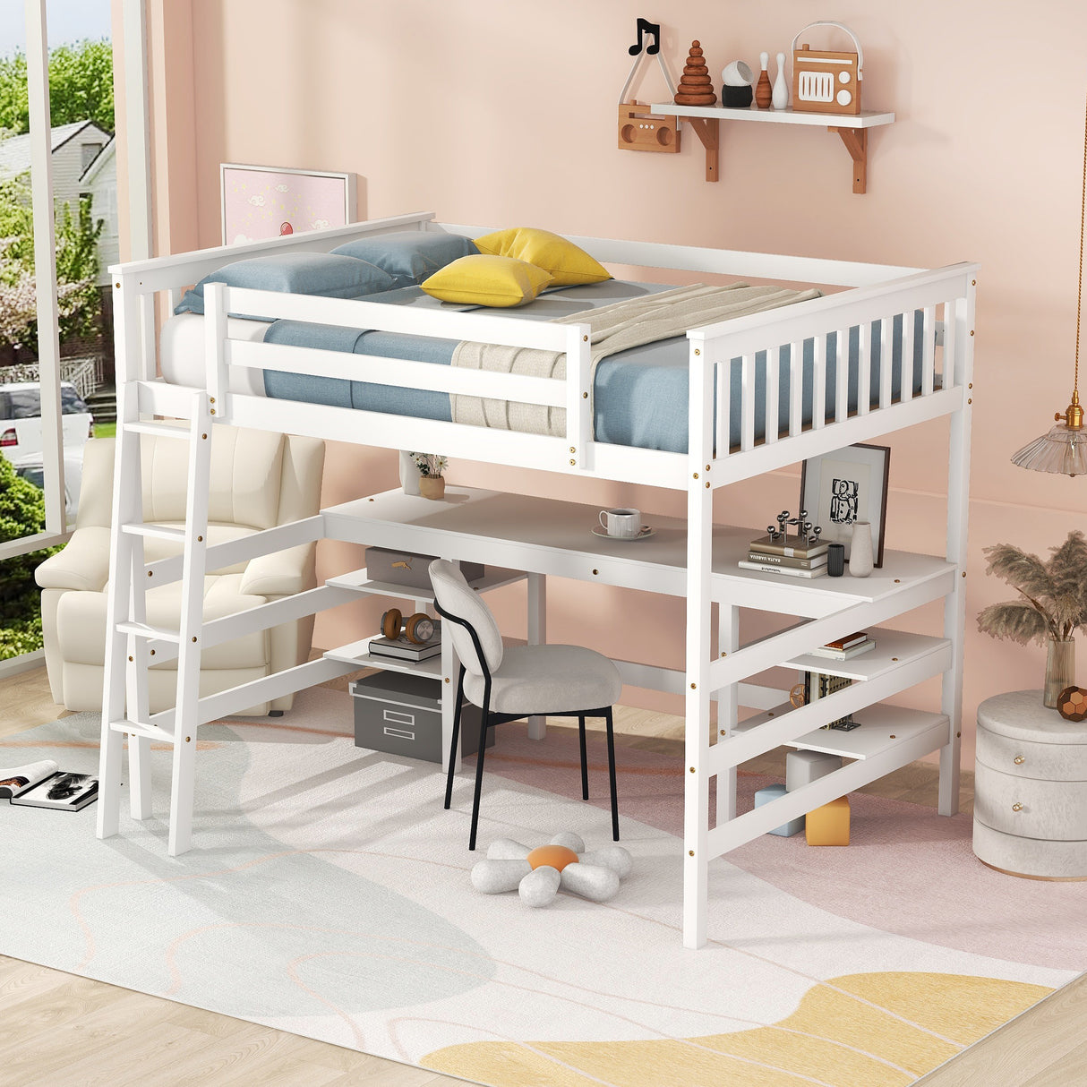 Full Size Loft Bed with Desk and Shelves Wooden Full Loft Bed, White - Home Elegance USA