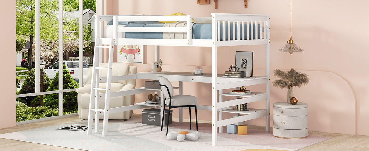 Full Size Loft Bed with Desk and Shelves Wooden Full Loft Bed, White - Home Elegance USA