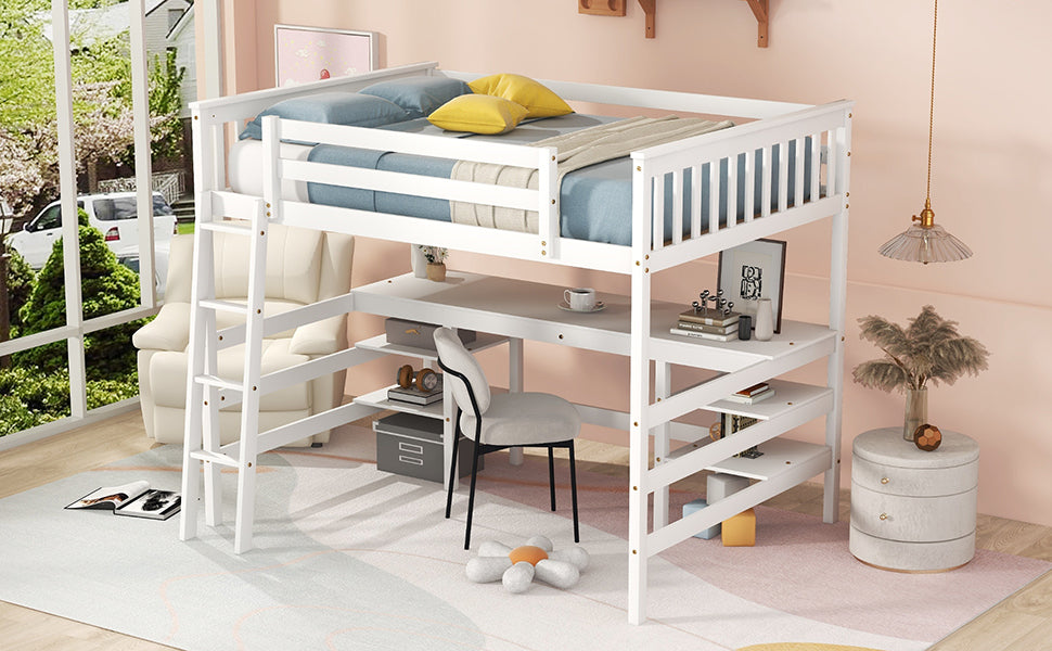 Full Size Loft Bed with Desk and Shelves Wooden Full Loft Bed, White - Home Elegance USA