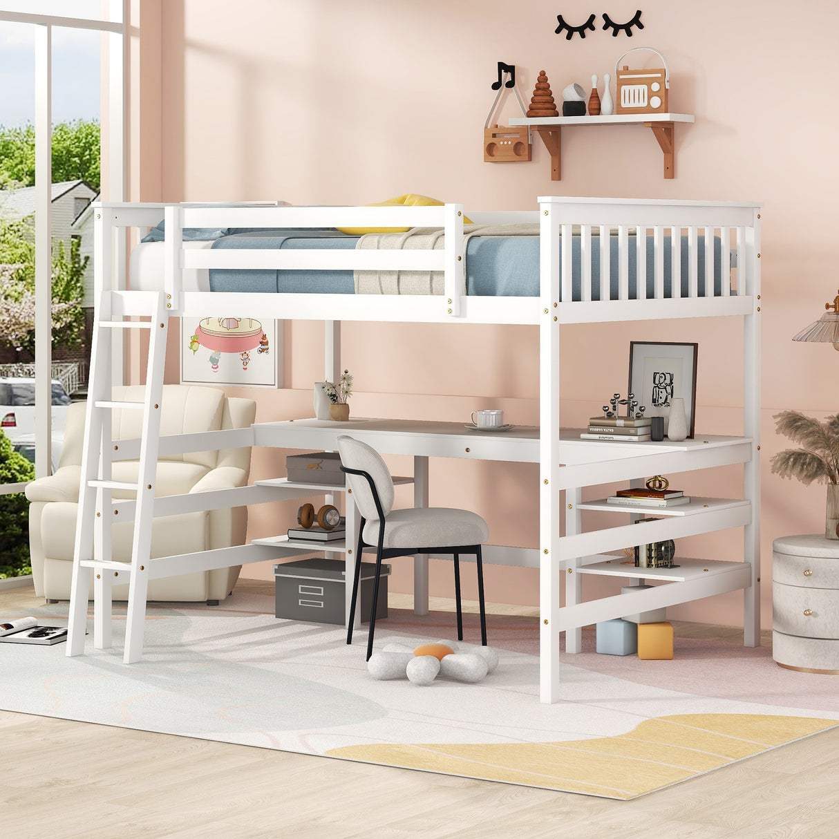 Full Size Loft Bed with Desk and Shelves Wooden Full Loft Bed, White - Home Elegance USA