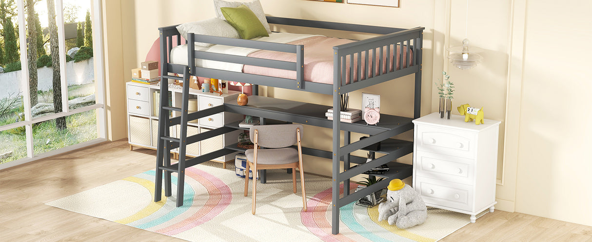 Full Size Loft Bed with Desk and Shelves Wooden Full Loft Bed, Grey - Home Elegance USA