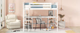 Full Size Loft Bed with Desk and Shelves Wooden Full Loft Bed, White - Home Elegance USA