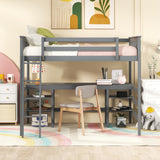 Full Size Loft Bed with Desk and Shelves Wooden Full Loft Bed, Grey - Home Elegance USA