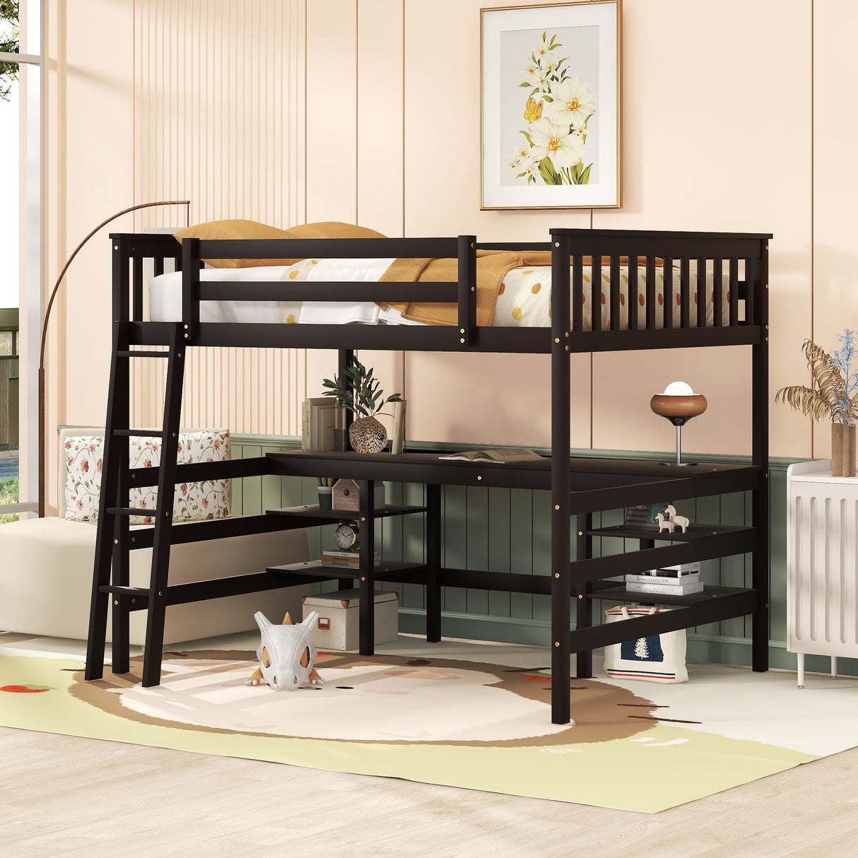 Full Size Loft Bed with Desk and Shelves Wooden Full Loft Bed, Espresso - Home Elegance USA