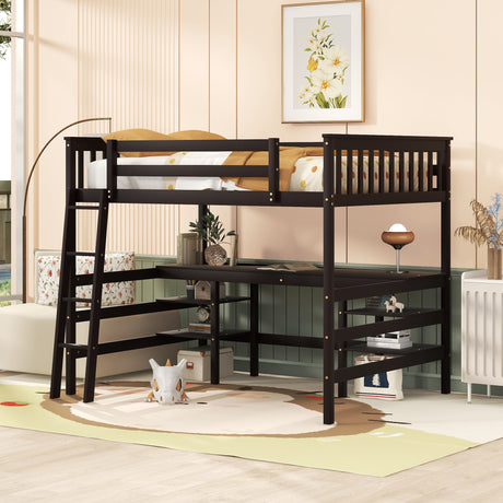 Full Size Loft Bed with Desk and Shelves Wooden Full Loft Bed, Espresso - Home Elegance USA